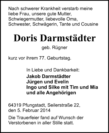 Traueranzeige von Doris Darmstädter von Echo-Zeitungen (Gesamtausgabe)