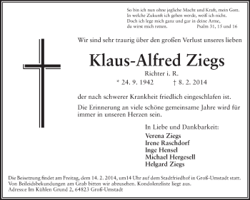 Traueranzeige von Klaus-Alfred Ziegs von Echo-Zeitungen (Gesamtausgabe)