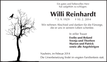 Traueranzeige von Willi Reinhardt von Rüsselsheimer Echo, Groß-Gerauer-Echo, Ried Echo