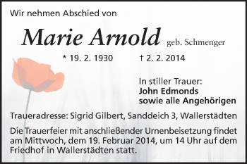 Traueranzeige von Marie Arnold von Rüsselsheimer Echo, Groß-Gerauer-Echo, Ried Echo