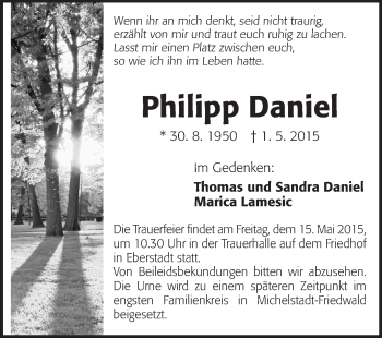 Traueranzeige von Philipp Daniel von Echo-Zeitungen (Gesamtausgabe)