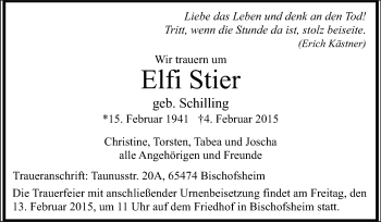 Traueranzeige von Elfie Stier von Rüsselsheimer Echo, Groß-Gerauer-Echo, Ried Echo