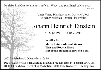Traueranzeige von Johann Heinrich Einzlein von Odenwälder Echo