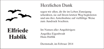 Traueranzeige von Elfriede Hablik von Echo-Zeitungen (Gesamtausgabe)