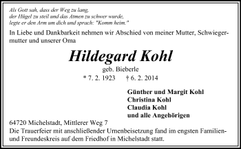 Traueranzeige von Hildegard Kohl von Odenwälder Echo