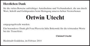 Traueranzeige von Ortwin Utecht von Echo-Zeitungen (Gesamtausgabe)