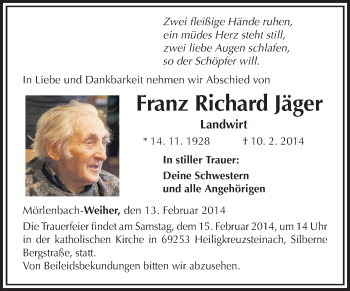 Traueranzeige von Franz Richard Jäger von Starkenburger Echo