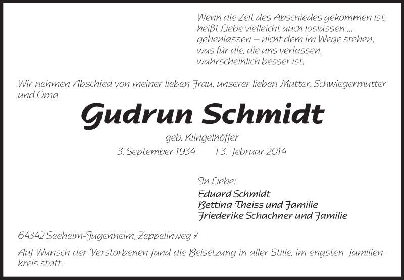  Traueranzeige für Gudrun Schmidt vom 15.02.2014 aus Echo-Zeitungen (Gesamtausgabe)