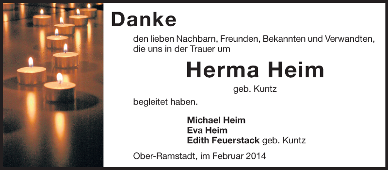  Traueranzeige für Herma Heim vom 15.02.2014 aus Echo-Zeitungen (Gesamtausgabe)