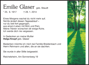 Traueranzeige von Emilie Glaser von Odenwälder Echo