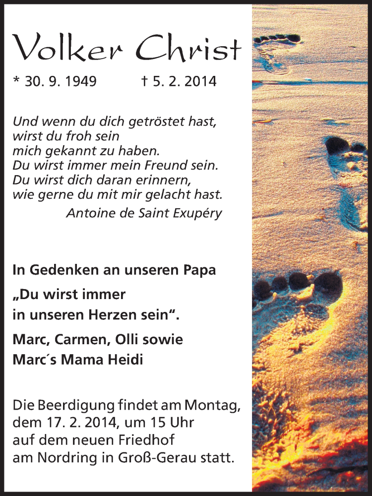  Traueranzeige für Volker Christ vom 13.02.2014 aus Rüsselsheimer Echo, Groß-Gerauer-Echo, Ried Echo
