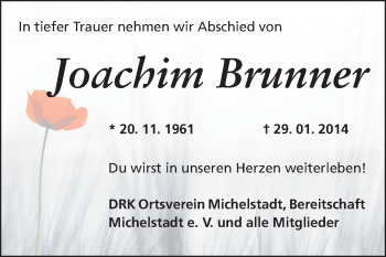 Traueranzeige von Joachim Brunner von Odenwälder Echo