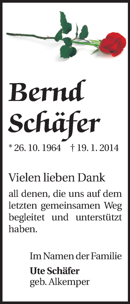  Traueranzeige für Bernd Schäfer vom 15.02.2014 aus Echo-Zeitungen (Gesamtausgabe)