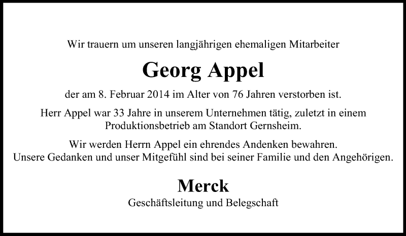  Traueranzeige für Georg Appel vom 19.02.2014 aus Rüsselsheimer Echo, Groß-Gerauer-Echo, Ried Echo