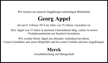 Traueranzeige von Georg Appel von Rüsselsheimer Echo, Groß-Gerauer-Echo, Ried Echo