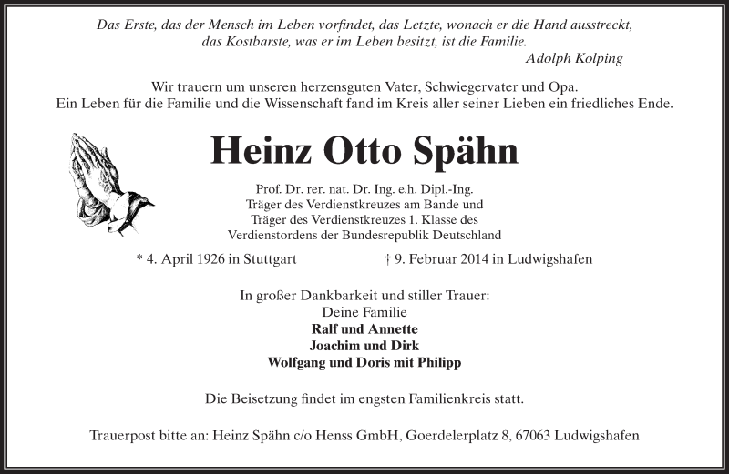  Traueranzeige für Heinz Otto Spähn vom 15.02.2014 aus Echo-Zeitungen (Gesamtausgabe)