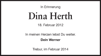 Traueranzeige von Dina Herth von Rüsselsheimer Echo, Groß-Gerauer-Echo, Ried Echo