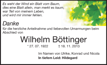 Traueranzeige von Wilhelm Böttinger von Echo-Zeitungen (Gesamtausgabe)
