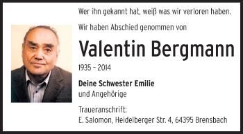 Traueranzeige von Valentin Bergmann von Odenwälder Echo