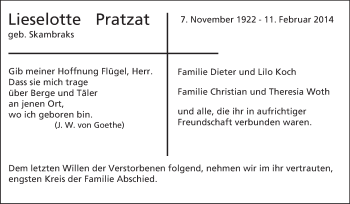 Traueranzeige von Lieselotte Pratzat von Rüsselsheimer Echo, Groß-Gerauer-Echo, Ried Echo