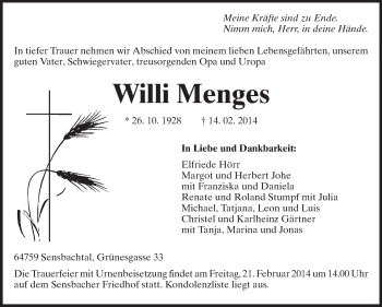 Traueranzeige von Willi Menges von Odenwälder Echo