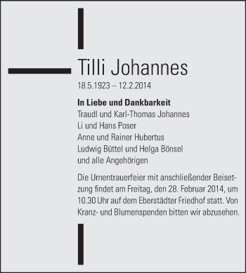 Traueranzeige von Tilli Johannes von Echo-Zeitungen (Gesamtausgabe)