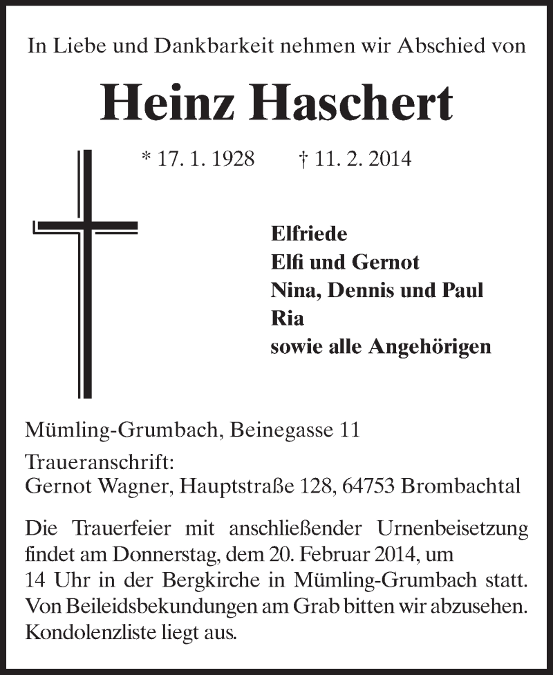  Traueranzeige für Heinz Haschert vom 18.02.2014 aus Odenwälder Echo