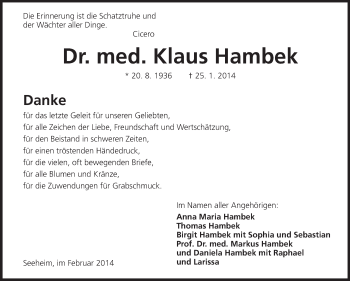 Traueranzeige von Klaus Hambek von Echo-Zeitungen (Gesamtausgabe)