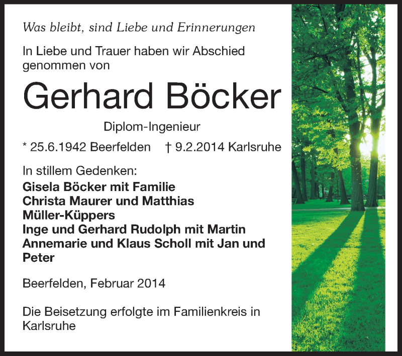  Traueranzeige für Gerhard Böcker vom 19.02.2014 aus Odenwälder Echo