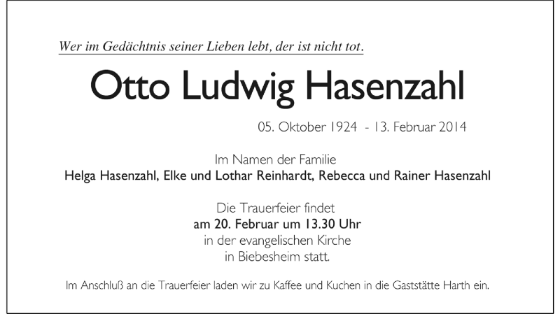  Traueranzeige für Otto Ludwig Hasenzahl vom 18.02.2014 aus Rüsselsheimer Echo, Groß-Gerauer-Echo, Ried Echo