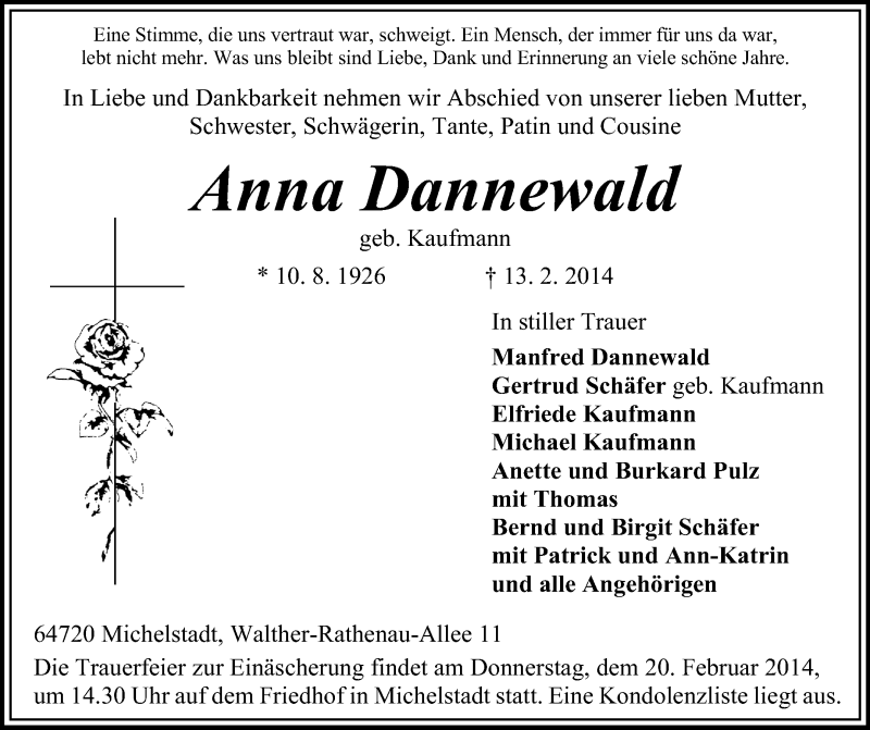  Traueranzeige für Anna Dannewald vom 18.02.2014 aus Odenwälder Echo