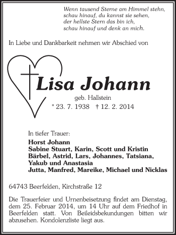 Traueranzeige von Lisa Johann von Odenwälder Echo