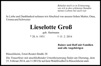 Traueranzeige von Lieselotte Groß von Rüsselsheimer Echo, Groß-Gerauer-Echo, Ried Echo