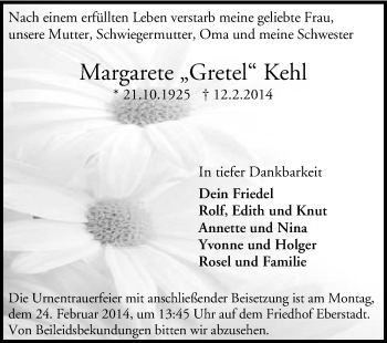 Traueranzeige von Margarete Kehl von Echo-Zeitungen (Gesamtausgabe)