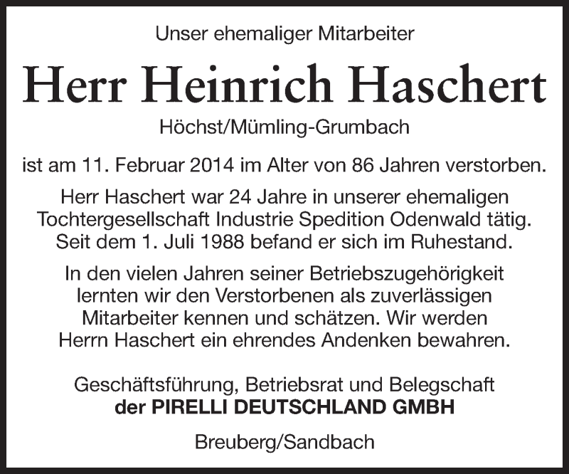  Traueranzeige für Heinrich Haschert vom 20.02.2014 aus Odenwälder Echo
