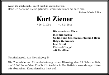 Traueranzeige von Kurt Ziener von Starkenburger Echo