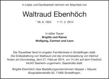 Traueranzeige von Waltraud Ebenhöch von Echo-Zeitungen (Gesamtausgabe)