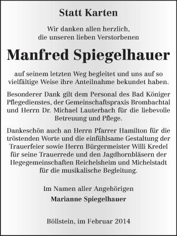 Traueranzeige von Manfred Spiegelhauer von Odenwälder Echo