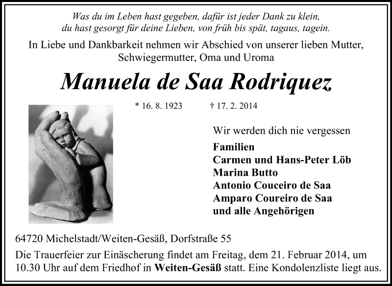  Traueranzeige für Manuela de Saa Rodriguez vom 20.02.2014 aus Odenwälder Echo