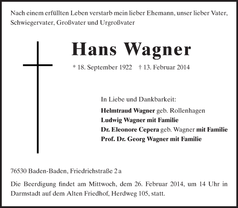  Traueranzeige für Hans Wagner vom 22.02.2014 aus Echo-Zeitungen (Gesamtausgabe)