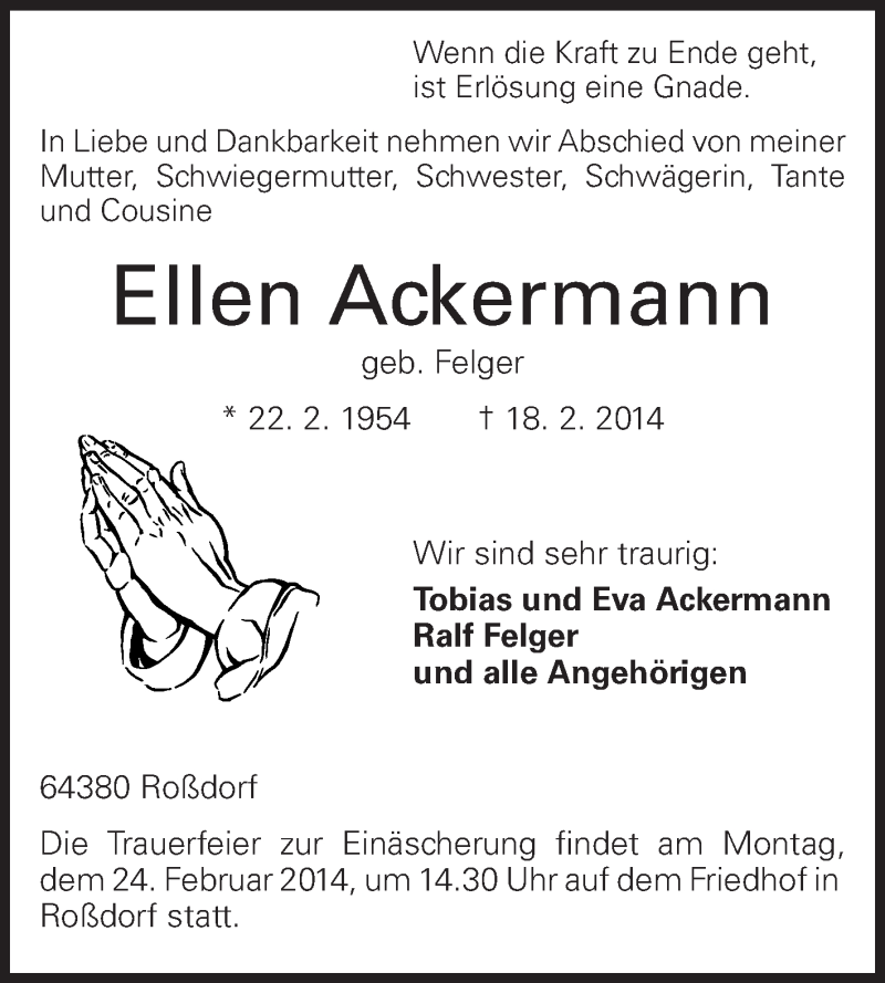 Traueranzeige für Ellen Ackermann vom 22.02.2014 aus Echo-Zeitungen (Gesamtausgabe)