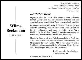 Traueranzeige von Wilma Beckmann von Rüsselsheimer Echo, Groß-Gerauer-Echo, Ried Echo