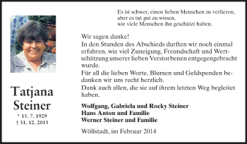 Traueranzeige von Tatjana Steiner von Rüsselsheimer Echo, Groß-Gerauer-Echo, Ried Echo