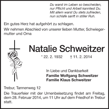 Traueranzeige von Natalie Schweitzer von Rüsselsheimer Echo, Groß-Gerauer-Echo, Ried Echo