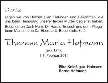 Traueranzeige von Therese Maria Hofmann von Echo-Zeitungen (Gesamtausgabe)