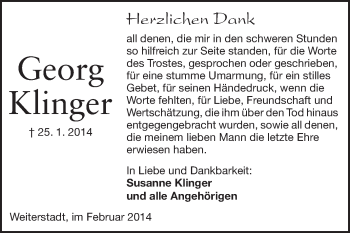 Traueranzeige von Georg Klinger von Darmstädter Echo, Odenwälder Echo, Rüsselsheimer Echo, Groß-Gerauer-Echo, Ried Echo