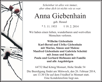 Traueranzeige von Anna Giebenhain von Odenwälder Echo