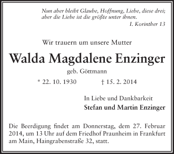 Traueranzeige von Walda Magdalene Enzinger von Echo-Zeitungen (Gesamtausgabe)