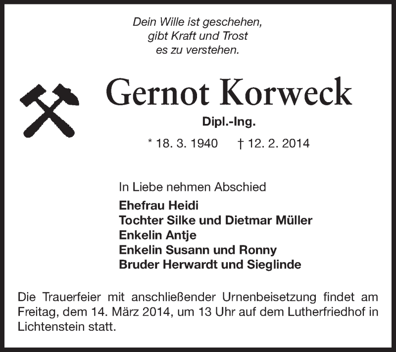  Traueranzeige für Gernot Korweck vom 01.03.2014 aus Odenwälder Echo