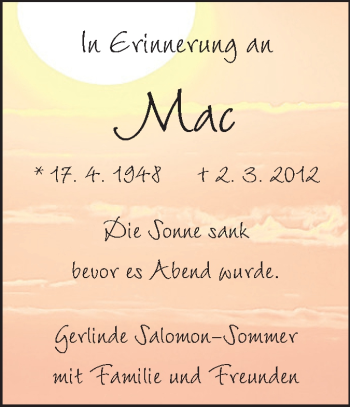 Traueranzeige von Mac  von Echo-Zeitungen (Gesamtausgabe)